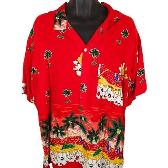 Vintage African Hawaiian Shirt Mens Size Large Red Y2K Ile Maurice All Over AOP - Picture 1 of 7